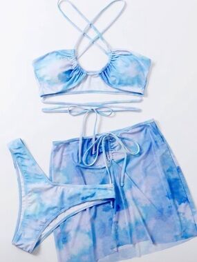 Tie-Dye Blue 3-Piece Bikini Set with Mesh Cover-Up